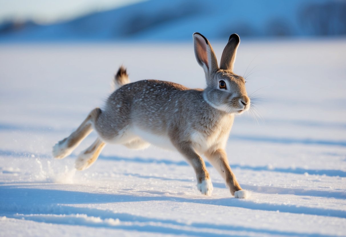 An arctic hare sprints across the snowy tundra, its long legs propelling it forward with impressive speed