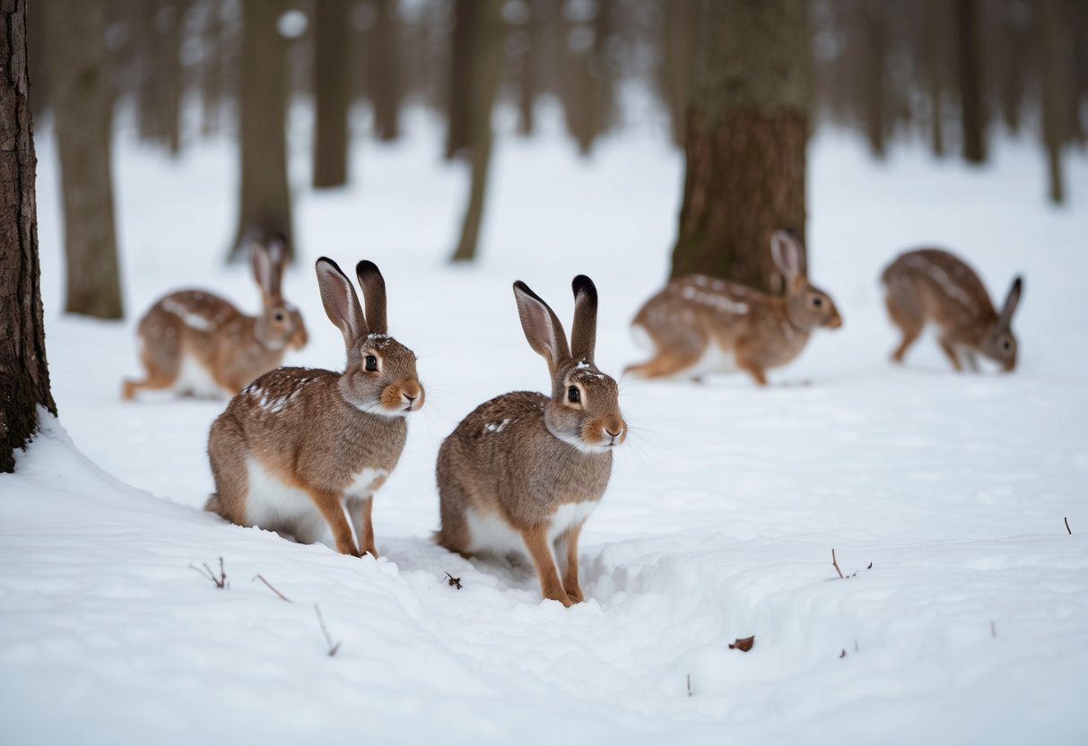 A snow-covered forest with a group of snow hares cautiously foraging for food while keeping an eye out for potential predators lurking nearby