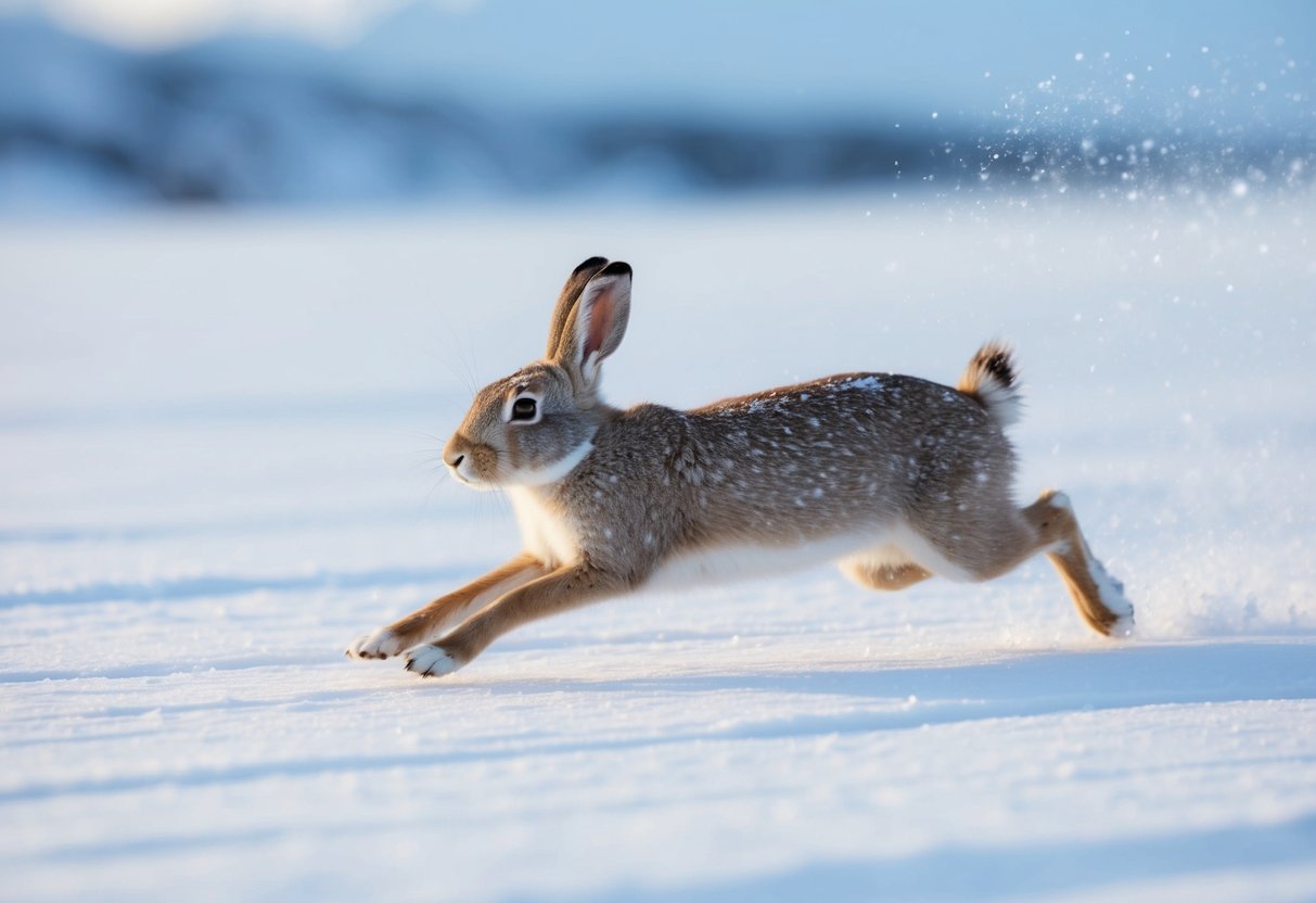 An arctic hare sprints across the snowy tundra, its long legs propelling it forward with incredible speed. Snowflakes swirl around as it dashes through the icy landscape