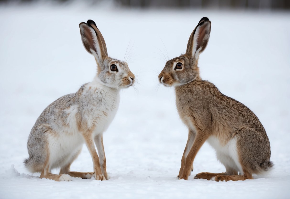Two hares face off in a snowy tundra, one with white fur and long hind legs, the other with shorter legs and a brown coat