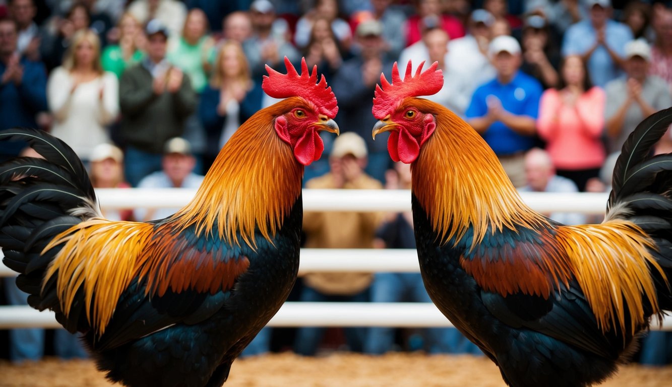 Dua ayam jantan berhadapan di arena yang ramai, dikelilingi oleh penonton yang bersorak.