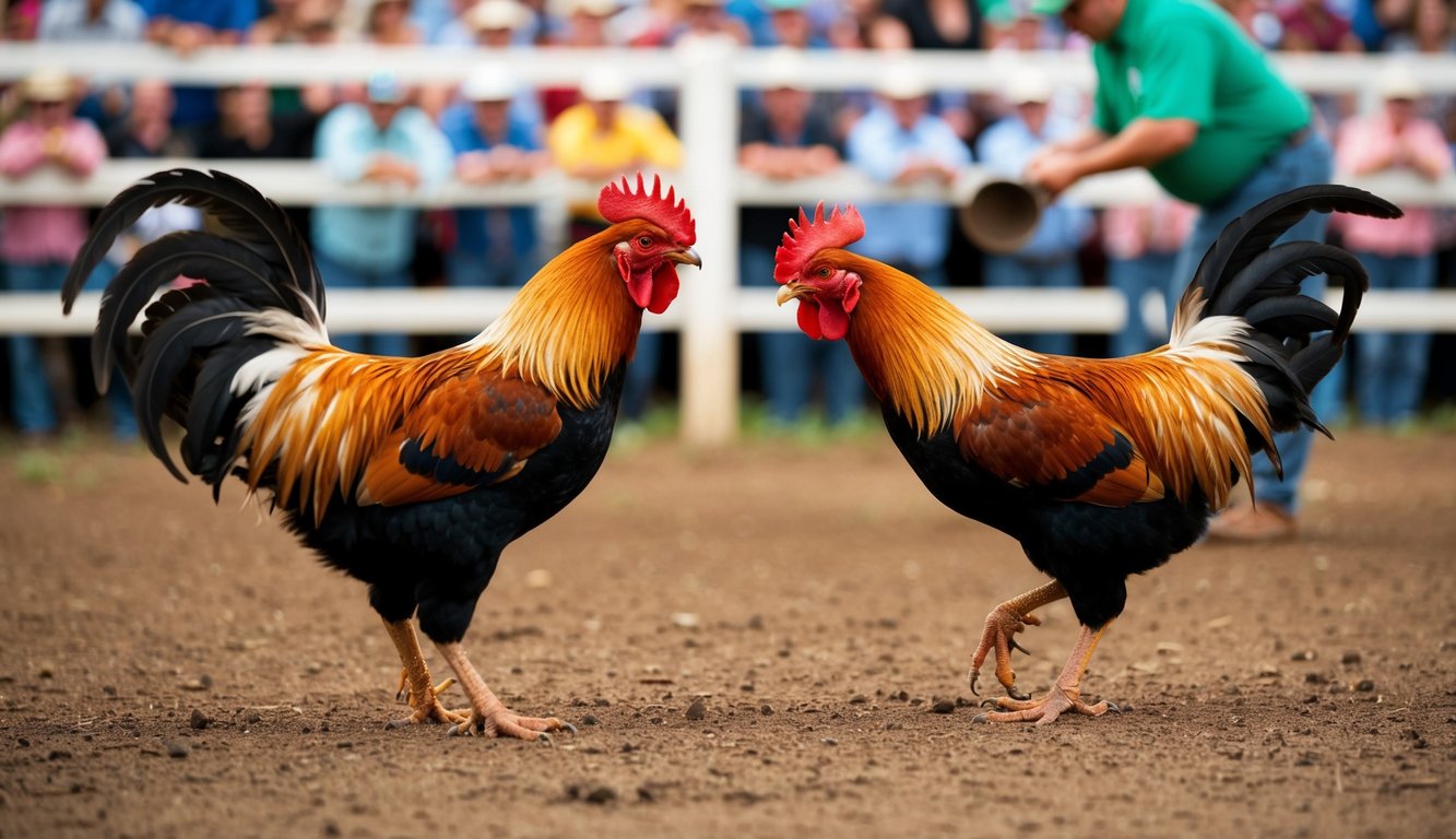 Dua ayam jantan berhadapan di arena tanah, dikelilingi oleh kerumunan penonton, dengan seorang pria mengumpulkan setoran di latar belakang