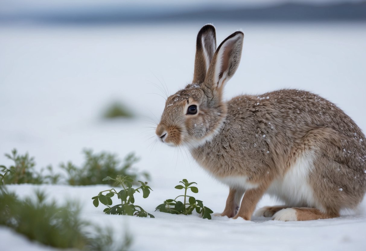 An arctic hare with thick fur for insulation, nibbling on low-lying plants in a snowy tundra landscape