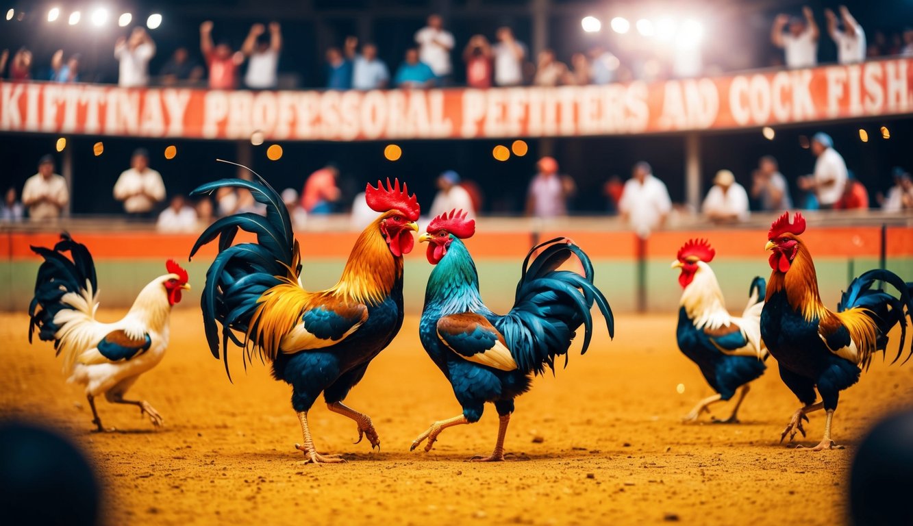 Sebuah arena sabung ayam yang hidup dan meriah dengan penonton yang bersorak dan ayam jantan berwarna-warni di tengah pertarungan yang sengit