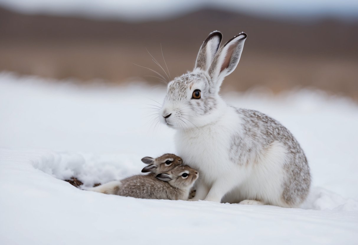 An arctic hare, with its white fur blending into the snowy landscape, sits alertly as it nurses its newborn litter in a shallow burrow
