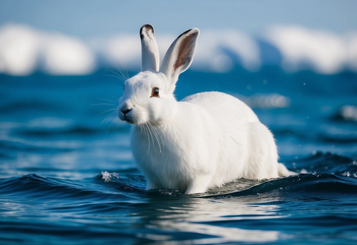 An arctic hare gracefully glides through the icy waters, its sleek white fur contrasting against the deep blue of the frigid ocean