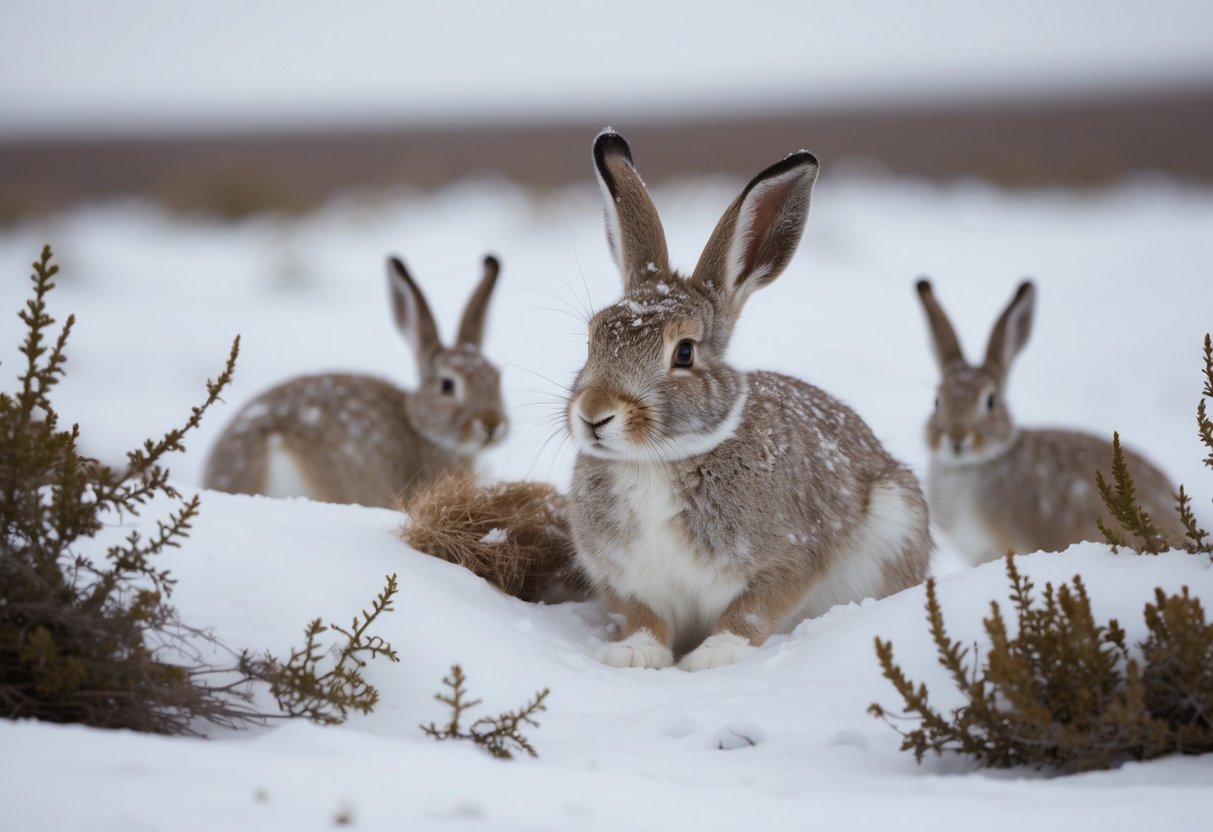 An arctic hare, pregnant for about 50 days, rests in a snowy burrow among the tundra vegetation, surrounded by a small group of other hares