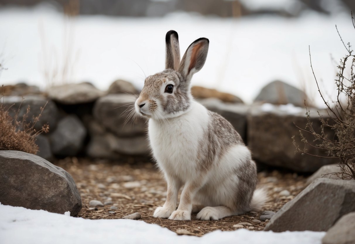An arctic hare sits in a spacious, naturalistic enclosure, surrounded by rocks, snow, and sparse vegetation. Its fur is thick and white, and its large ears are perked up, as it looks around the environment
