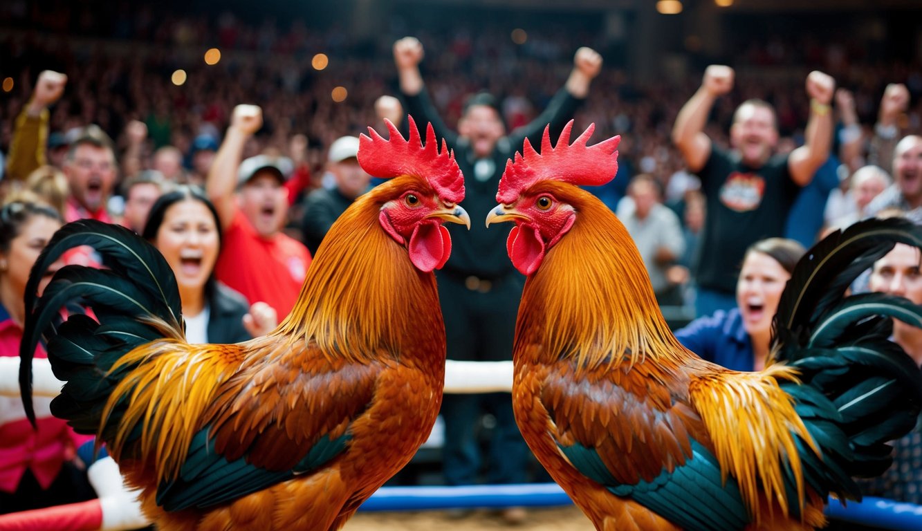 Dua ayam jantan berhadapan di arena yang ramai, dikelilingi oleh penonton antusias yang bersorak untuk petarung favorit mereka