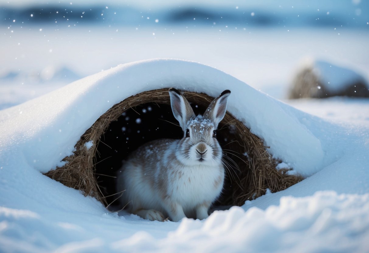 An arctic hare nestled in a snowy burrow, surrounded by a frozen landscape. Snowflakes fall gently as the hare prepares to give birth