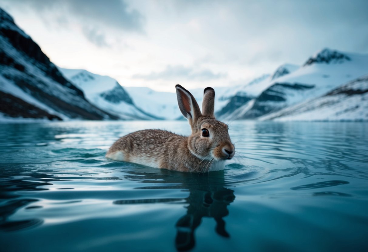 An arctic hare swimming in a frigid, icy lake surrounded by snow-covered mountains