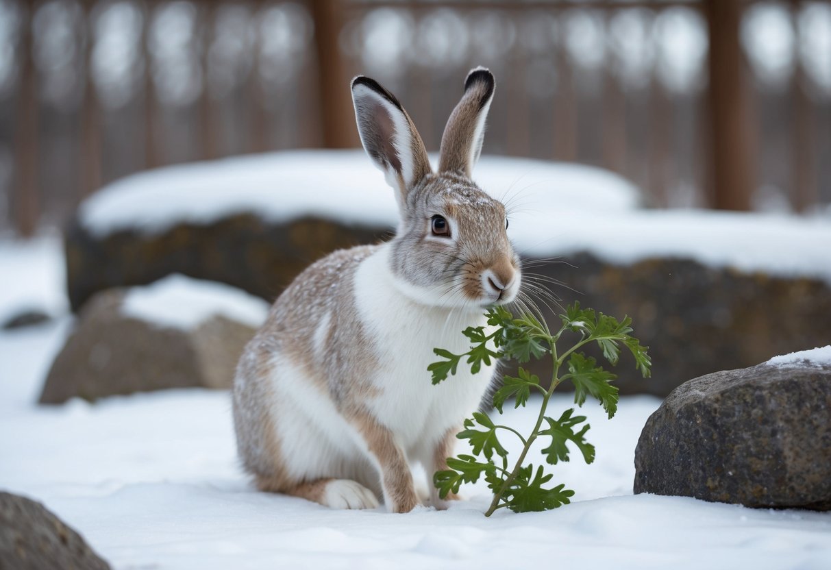 An Arctic hare sits in a spacious, naturalistic enclosure, surrounded by snow and rocks. It nibbles on a leafy plant, its white fur blending into the wintry landscape
