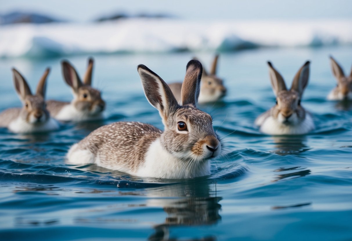 An arctic hare gracefully swims through icy waters, surrounded by a group of fellow hares