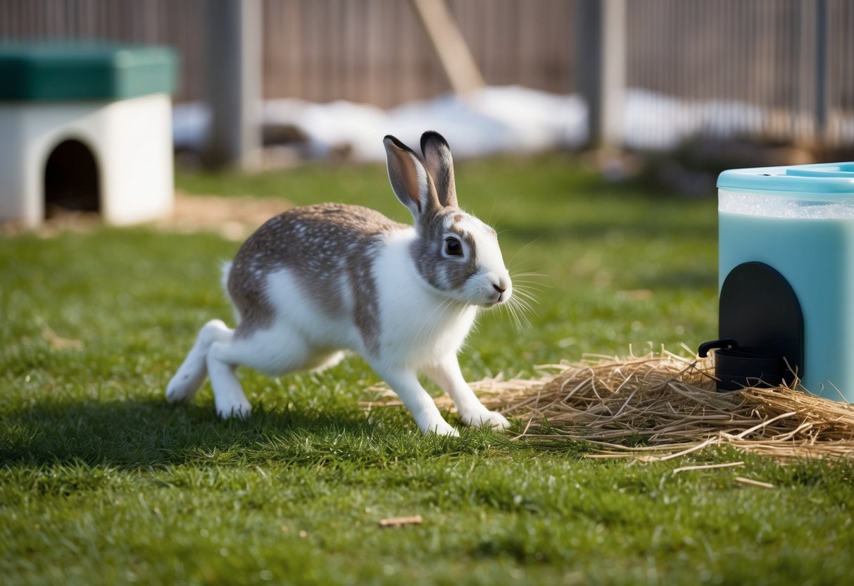 An arctic hare hops around its spacious enclosure, nibbling on fresh greens and hay. A water dispenser and hiding spots are provided for comfort