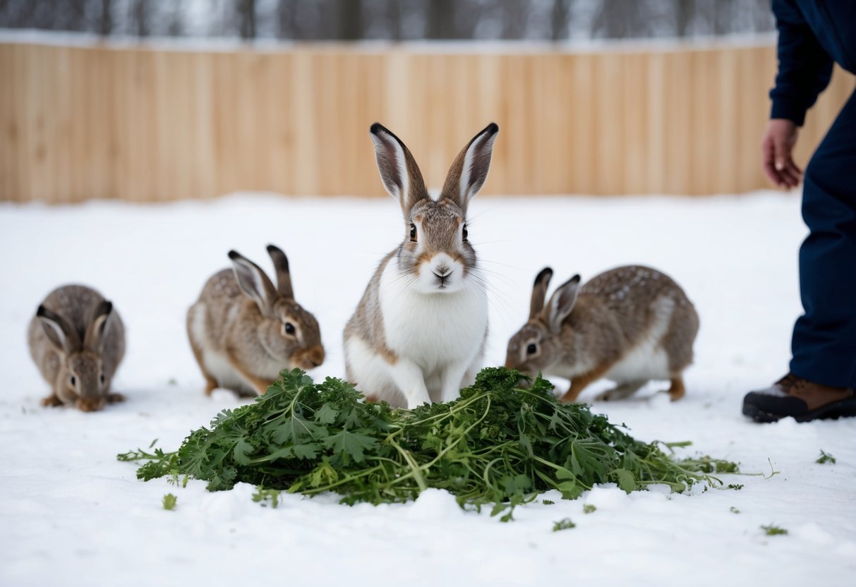 An arctic hare sits in a spacious, snowy enclosure, surrounded by a few other hares. The hares are eating from a pile of fresh greens, while a caretaker watches over them
