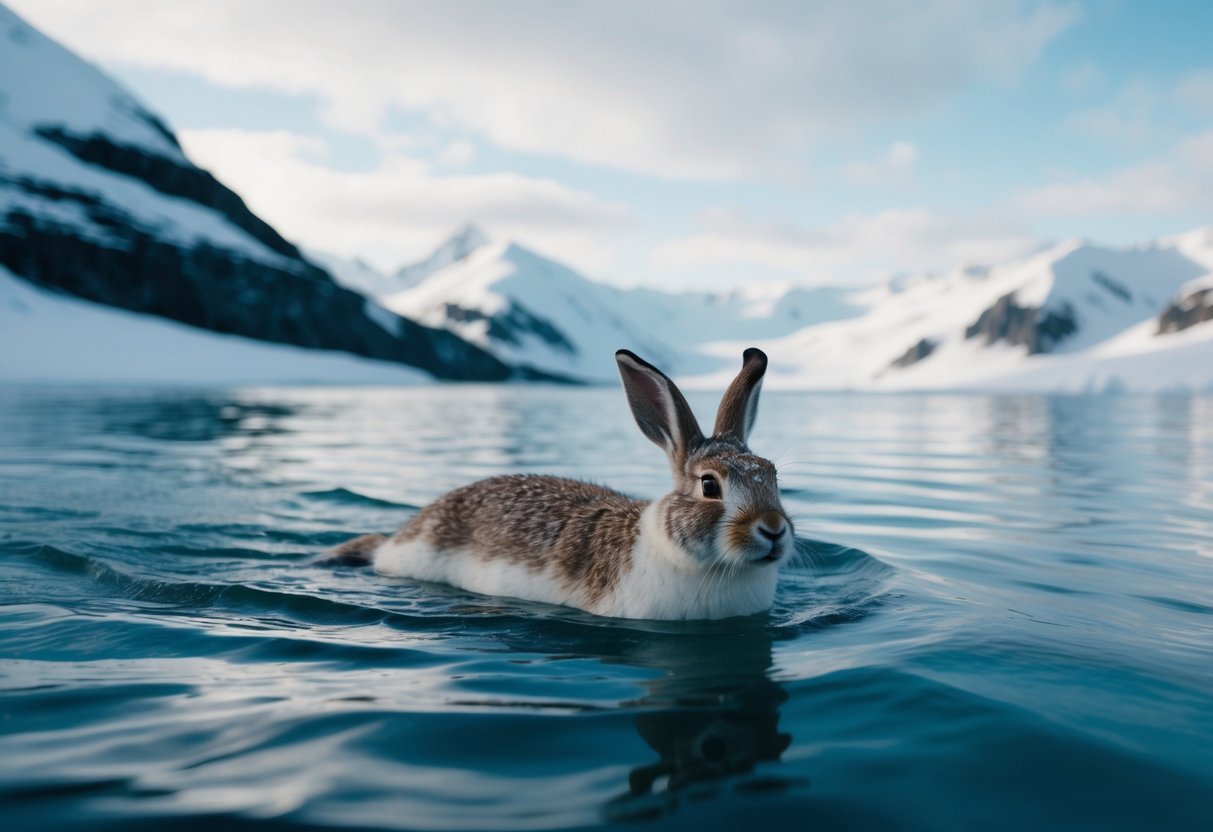 An arctic hare gracefully swims through icy waters, surrounded by snow-capped mountains and a vast, pristine landscape