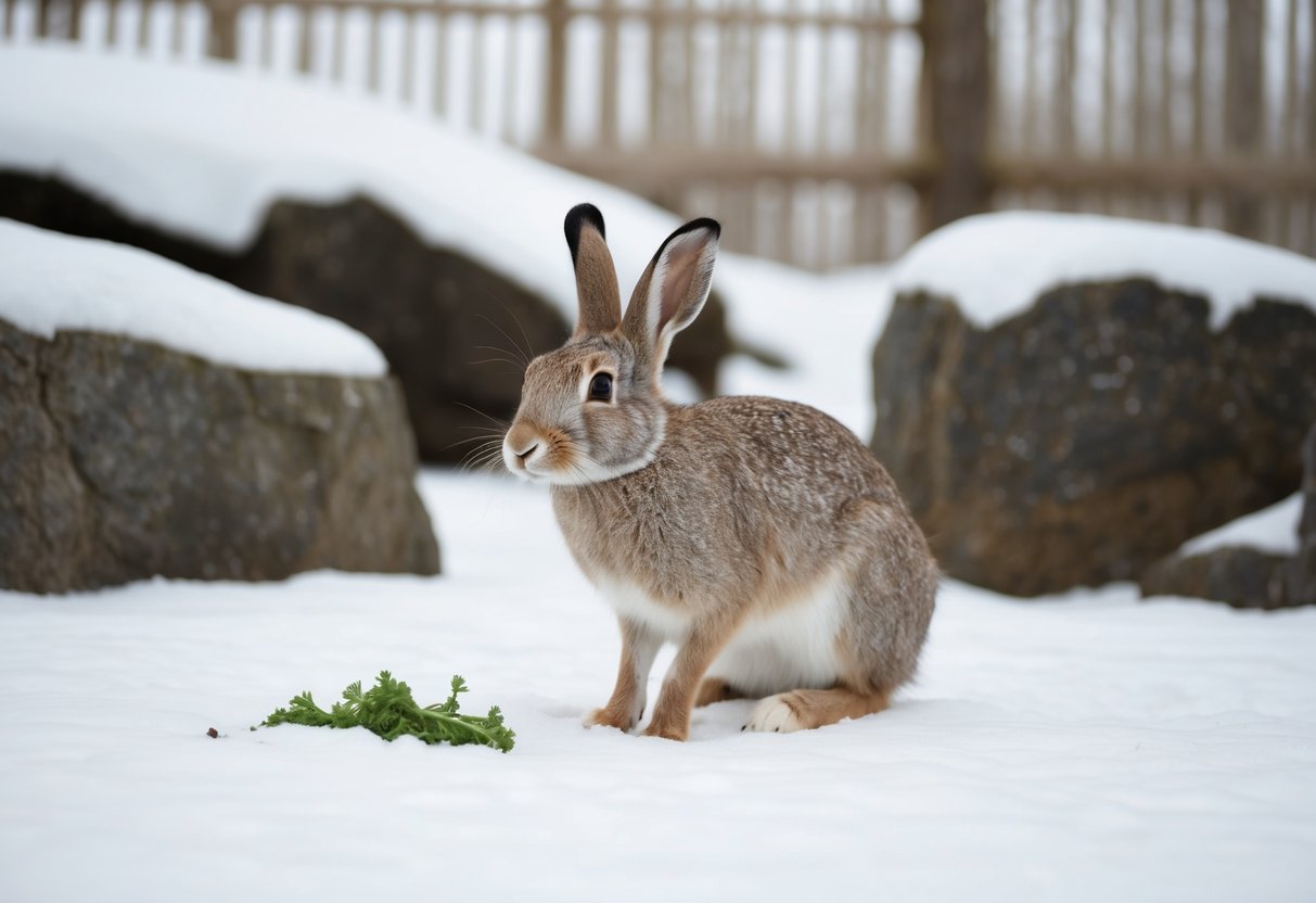 An arctic hare sits in a spacious, naturalistic enclosure with snow-covered terrain and rocky outcrops. It nibbles on fresh greens and hops around freely