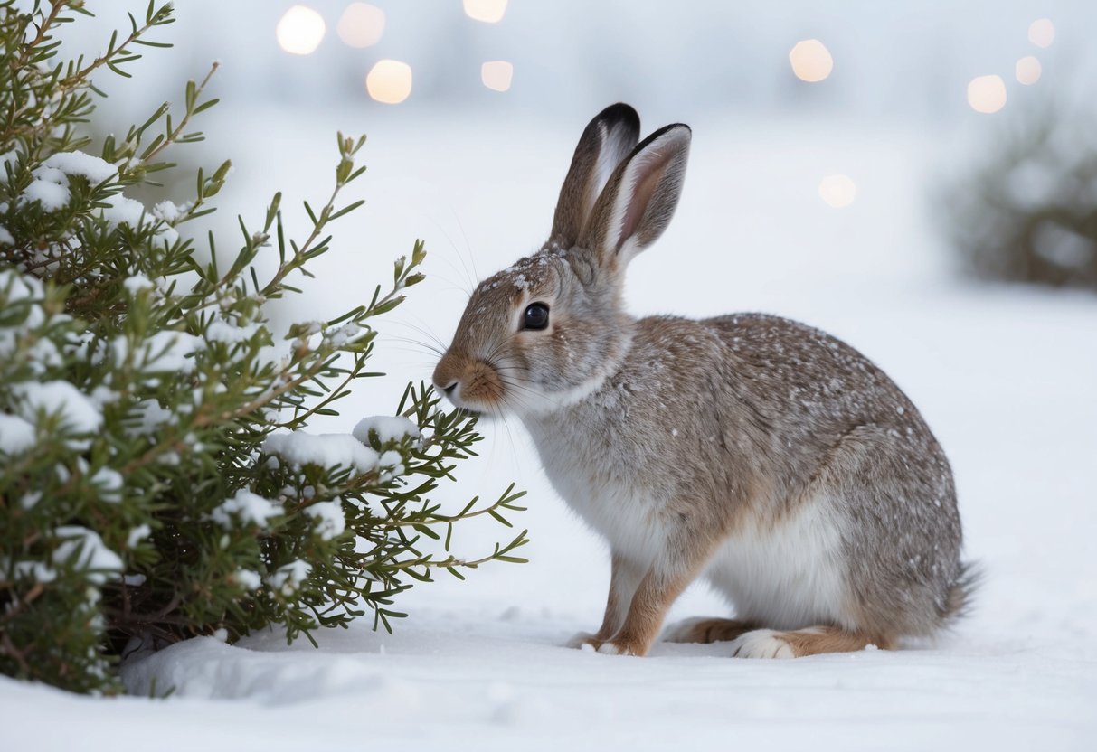 An arctic hare nibbles on a willow shrub in a snowy landscape