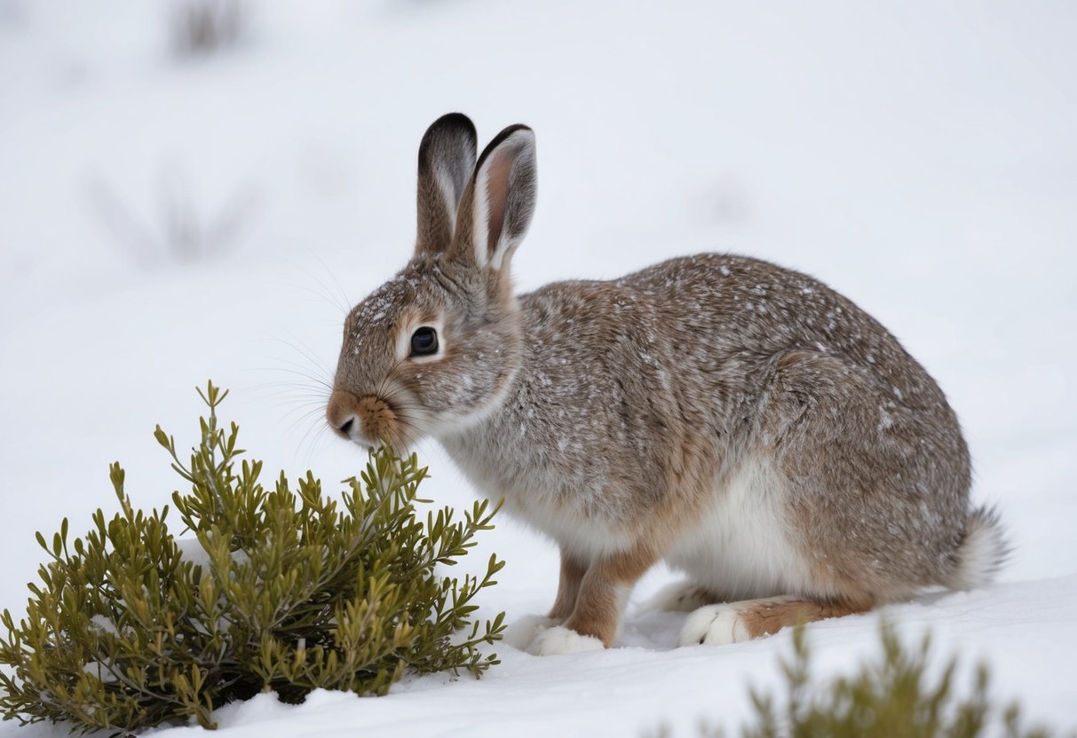 An arctic hare nibbles on a willow shrub in its snowy habitat