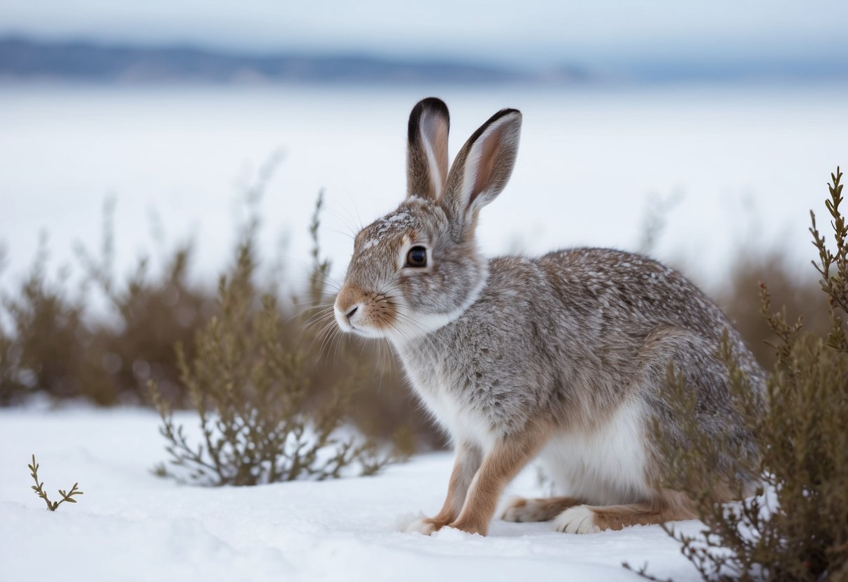 An arctic hare nibbles on willow shrubs in a snowy landscape
