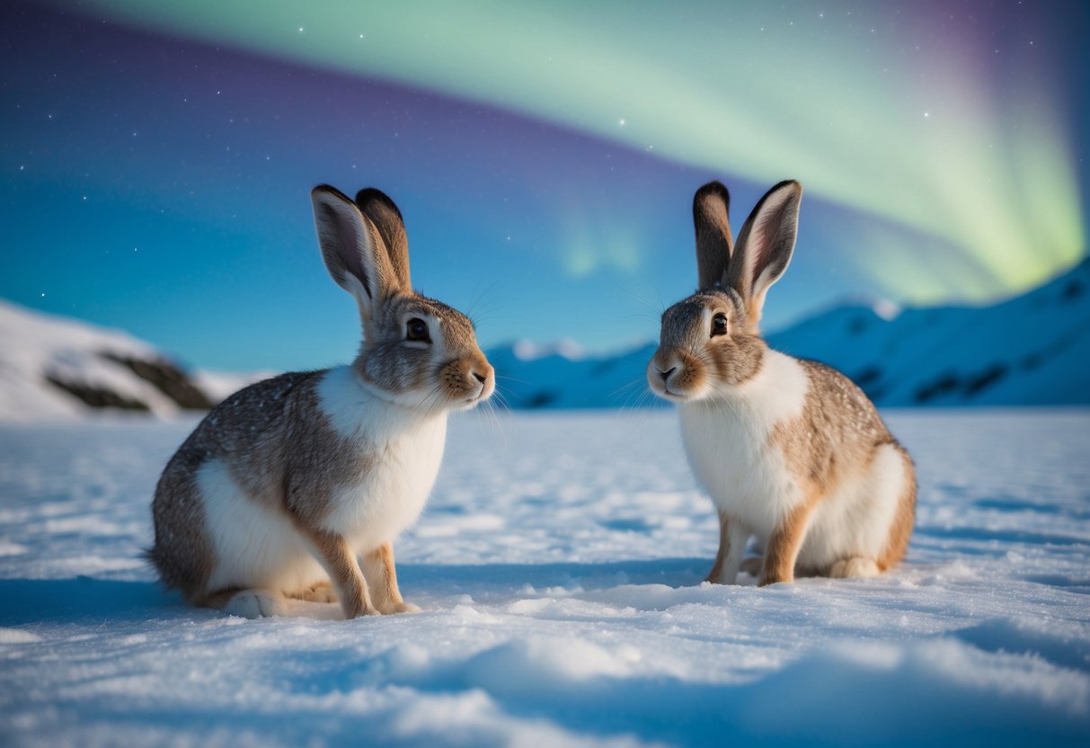 Arctic hares in their natural habitat, surrounded by snowy tundra and ice-covered mountains under the northern lights