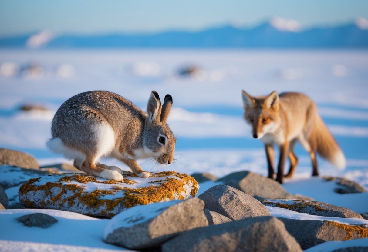 An arctic hare cautiously nibbles on lichen-covered rocks as a stealthy arctic fox lurks nearby, ready to pounce. Snow-covered tundra stretches into the distance