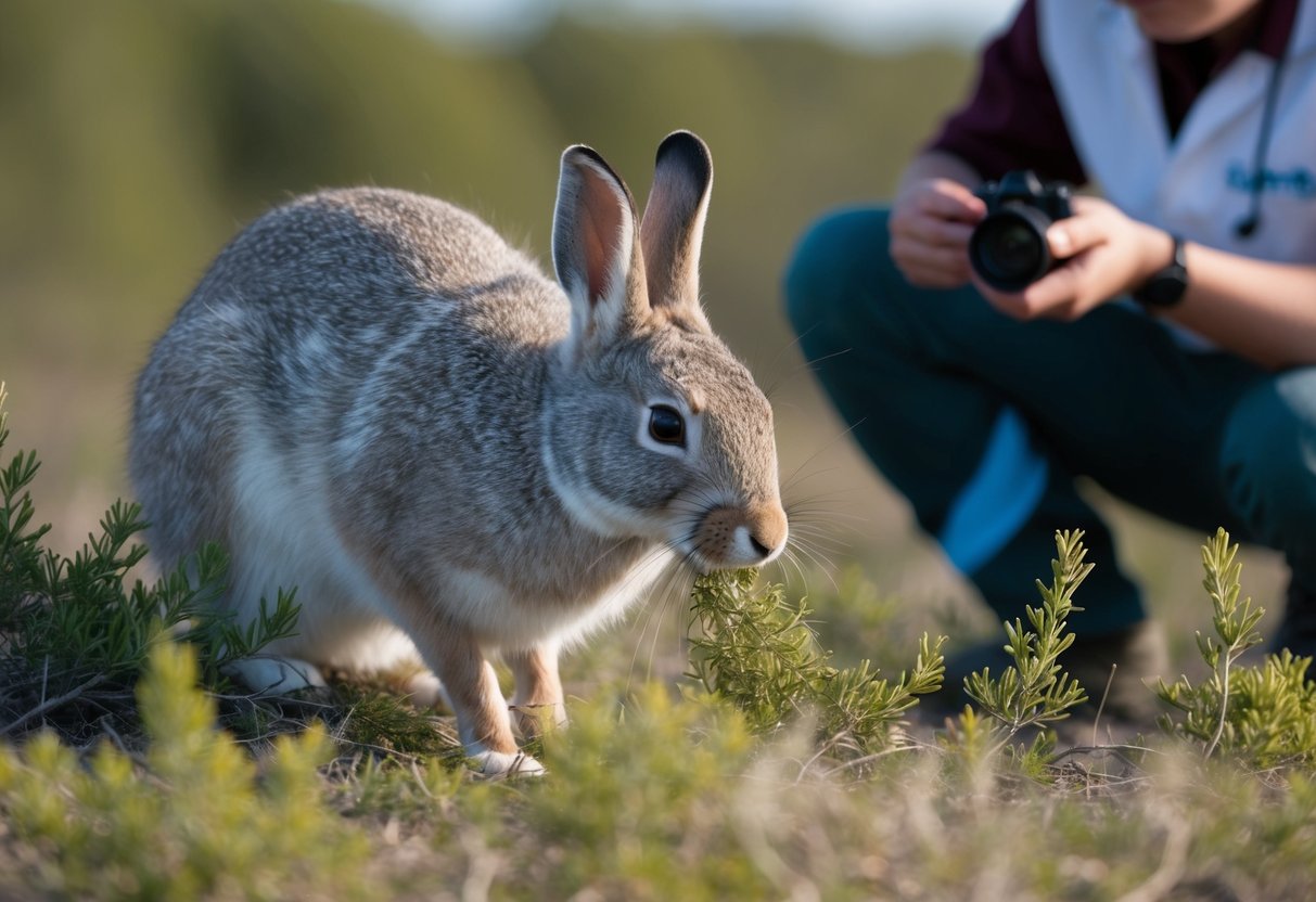 An arctic hare nibbles on willow shrubs while a researcher observes nearby