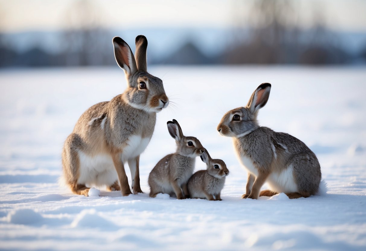 An arctic hare family in a snowy landscape, with a mother and young hares