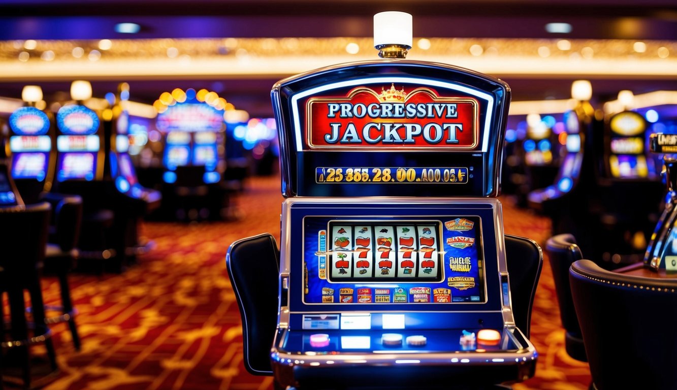 Sebuah lantai kasino yang ramai dengan mesin slot platform yang bersinar dan tampilan jackpot progresif yang besar