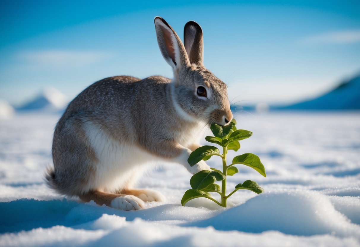 An arctic hare nibbles on a fresh green plant, surrounded by snowy tundra and a clear blue sky