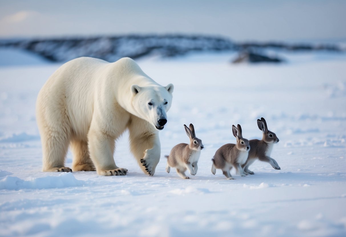 A polar bear prowls through a snowy Arctic landscape, eyeing a group of arctic hares hopping through the icy terrain