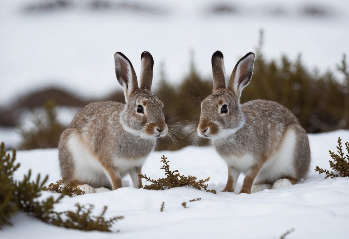Two arctic hares nibbling on tundra vegetation in their snowy habitat