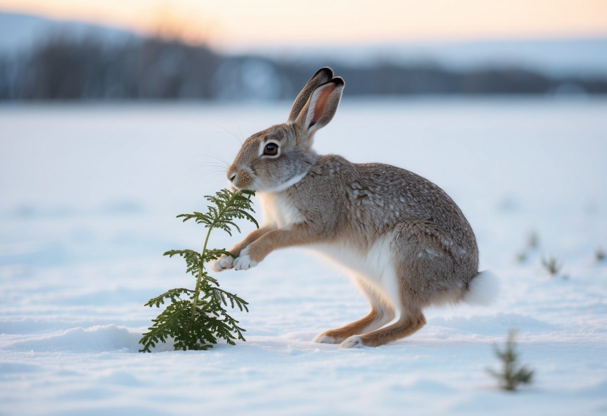 An arctic hare nibbles on a plant while its large hind legs help it hop through the snowy landscape