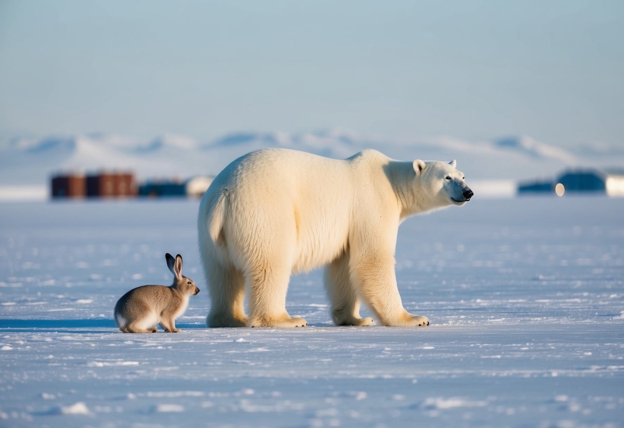 A polar bear stands on the ice, eyeing an arctic hare nearby. The vast, snowy landscape stretches out behind them, with evidence of human influence in the form of distant buildings or machinery