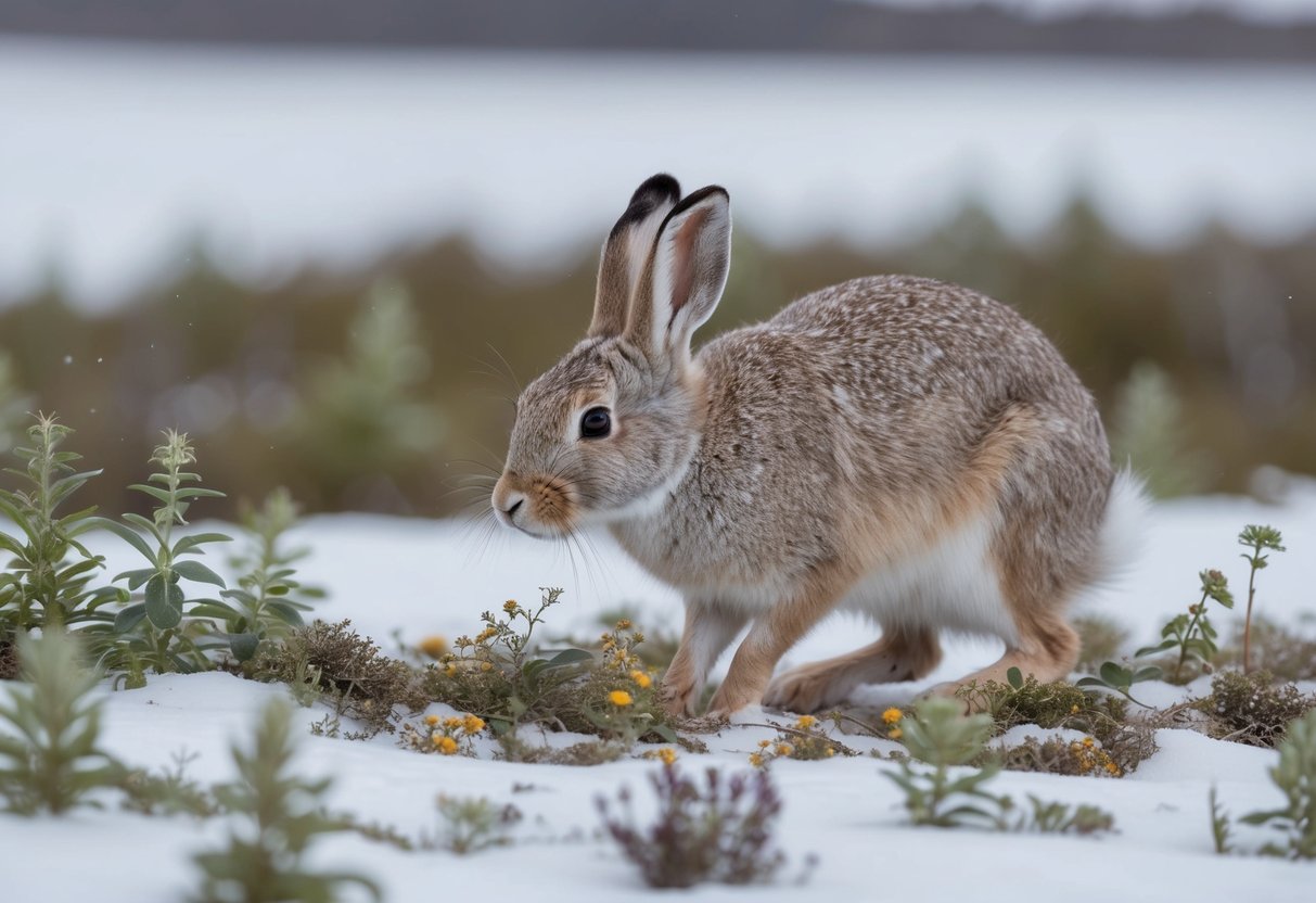 An arctic hare foraging for food in the snow-covered tundra, surrounded by a diverse array of plant life and small insects