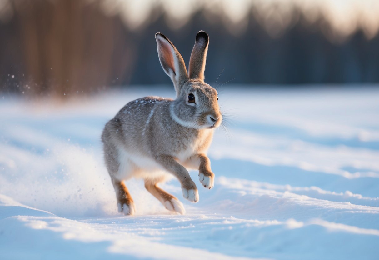 An arctic hare with large feet hops effortlessly through deep snow