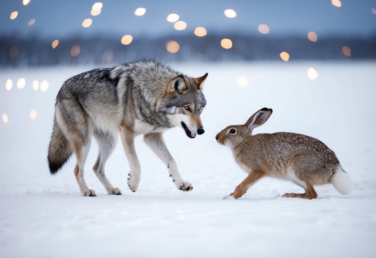 A grey wolf pouncing on an arctic hare in a snowy landscape