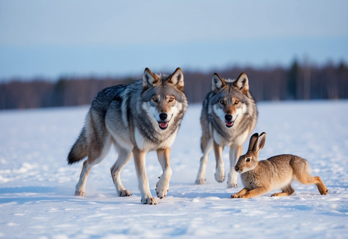 A pack of grey wolves hunting arctic hares in the snowy tundra