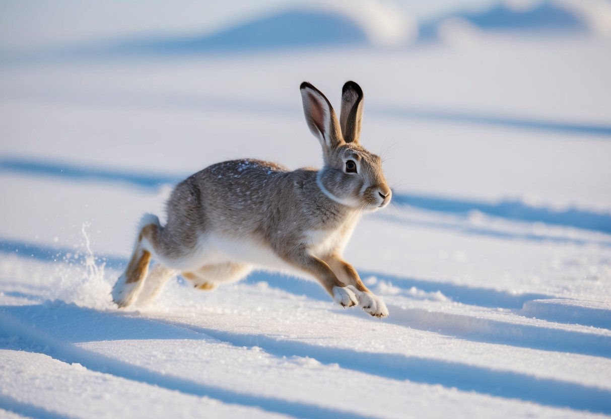 An arctic hare with large feet hops effortlessly through deep snow, its powerful limbs propelling it forward in its snowy habitat
