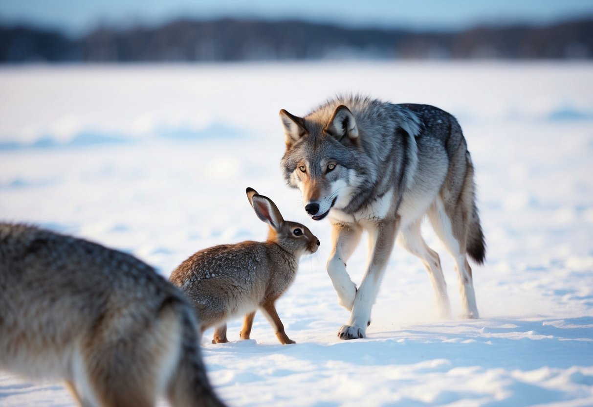 A grey wolf hunting an arctic hare in a snowy landscape