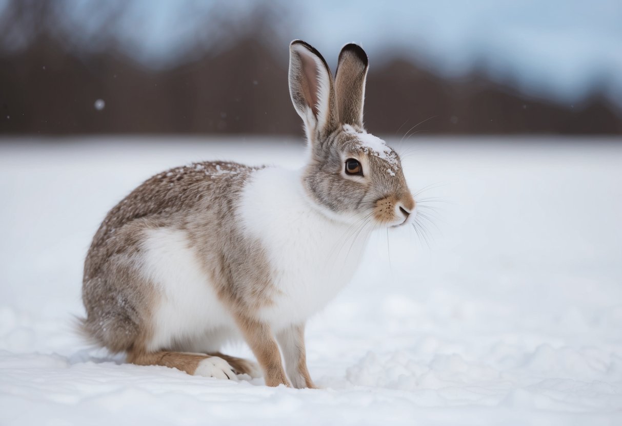 An arctic hare blending into its snowy surroundings, transitioning from white to brown as the seasons change