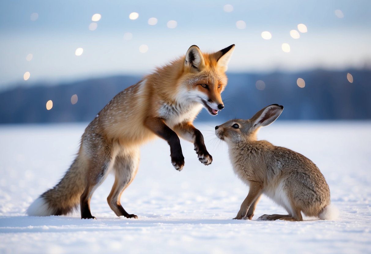 A fox pouncing on an arctic hare in a snowy landscape