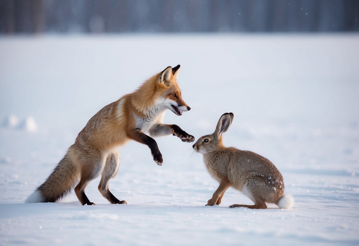 A fox pouncing on an arctic hare in a snowy landscape