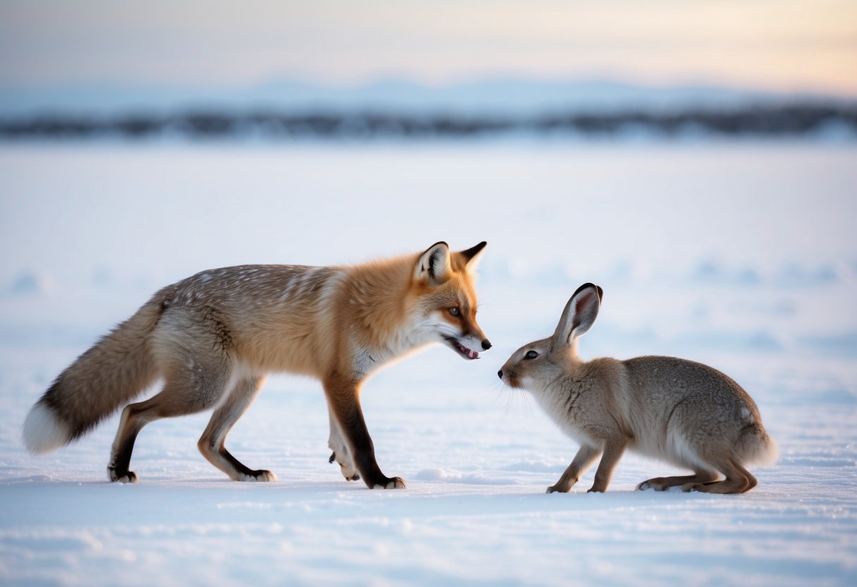 An Arctic fox pouncing on an arctic hare in a snowy landscape