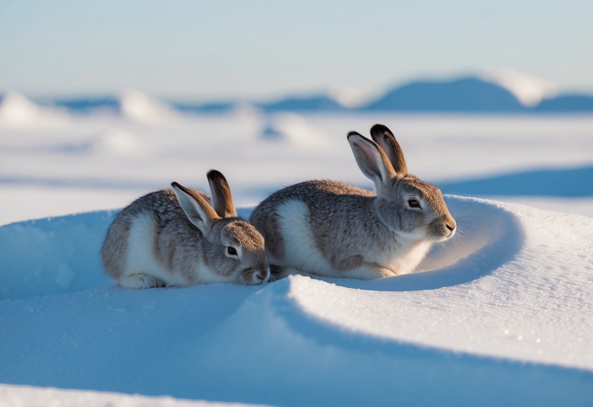 Arctic hares sleep nestled in a shallow depression in the snow, surrounded by the stark white landscape of the Arctic tundra