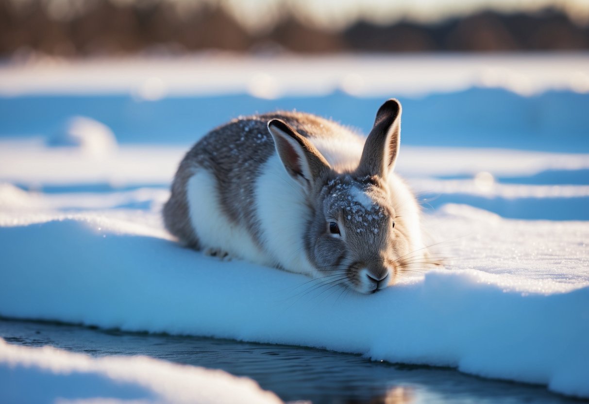 An arctic hare sleeps in a shallow depression in the snow, using its thick fur for warmth and camouflage