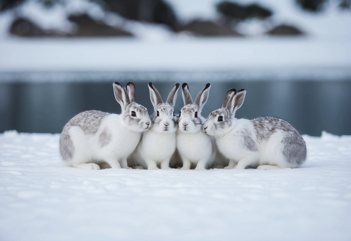 A snowy landscape with a small group of arctic hares huddled together, their white fur blending into the icy surroundings