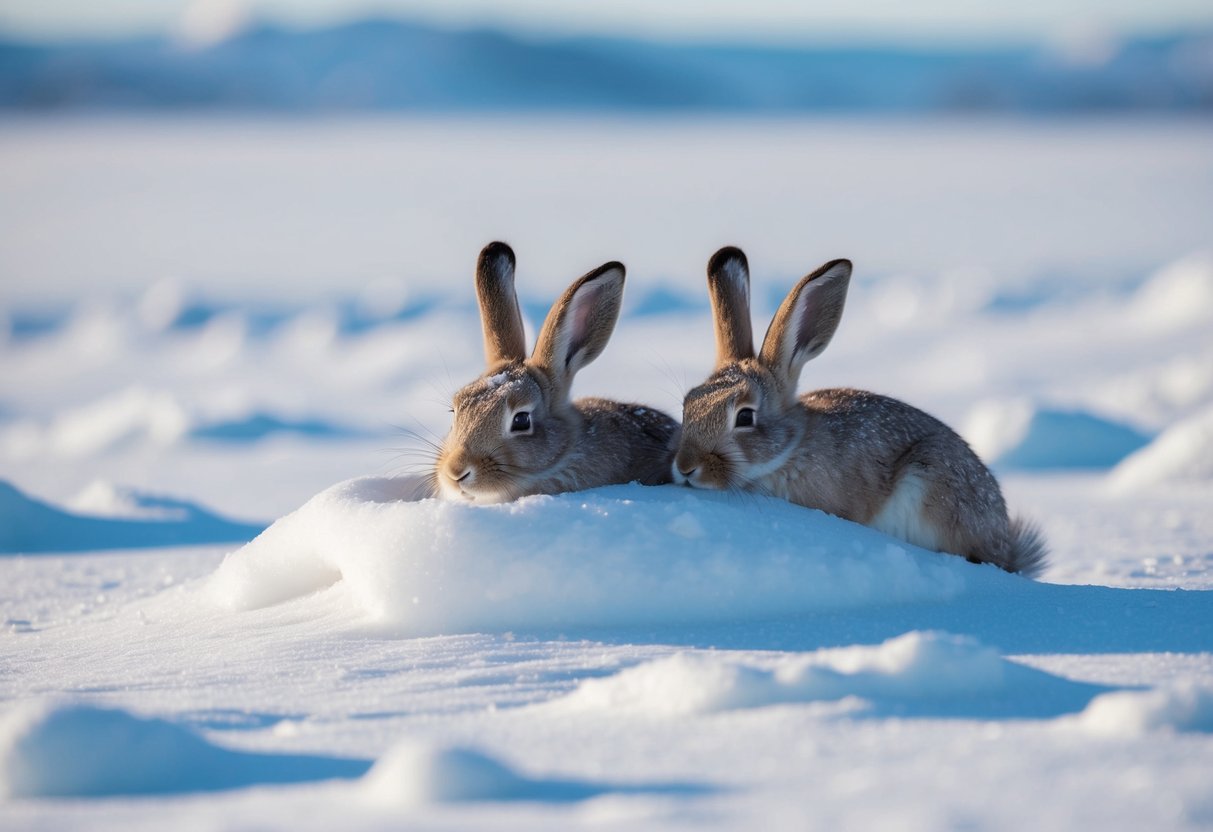 Arctic hares burrow into the snow to create cozy sleeping dens, surrounded by the peaceful, snowy landscape of the Arctic tundra