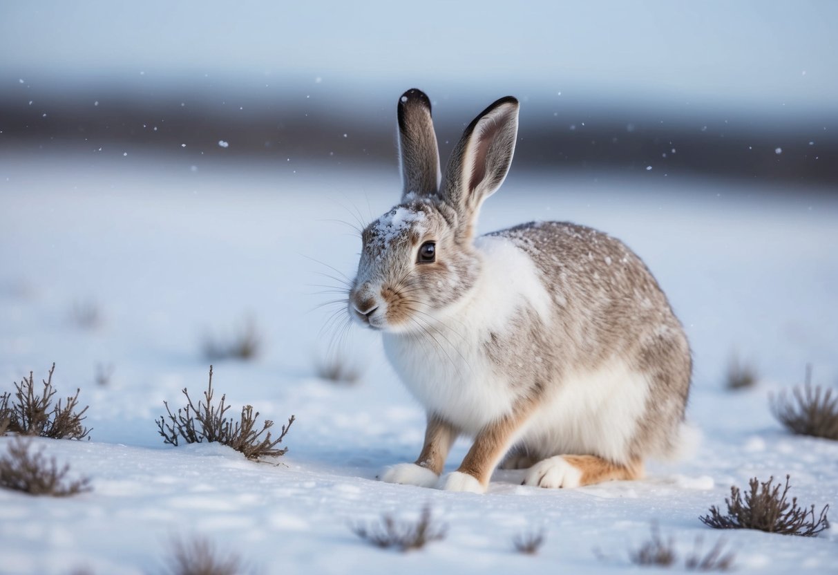 An arctic hare cautiously forages in a snowy, barren landscape. Snowflakes fall gently as the hare's white fur blends into the wintry surroundings