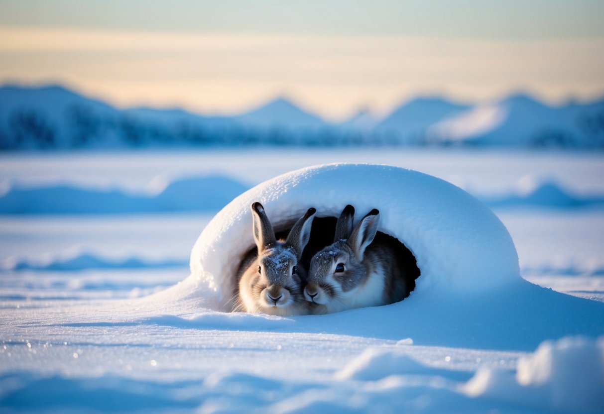 Arctic hares sleep in a snow-covered burrow, surrounded by icy tundra and distant mountains
